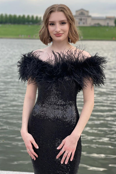 Glitter Mermaid Off the Shoulder Black Sequin Long Prom Dresses DM090901