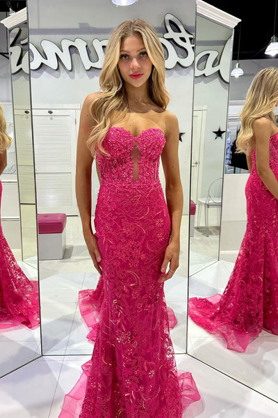 Mermaid Sweetheart Fuchsia Tulle Lace Long Prom Dress MD4020402