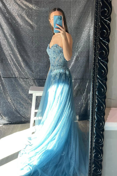 Aqua Strapless Floral Appliques A-line Long Prom Dress MD121306
