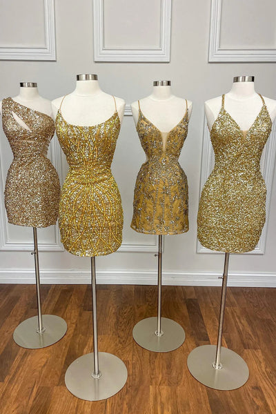 Sparkly Golden Spaghetti Straps Tight Short Sequins Homecoming Dress MD090306