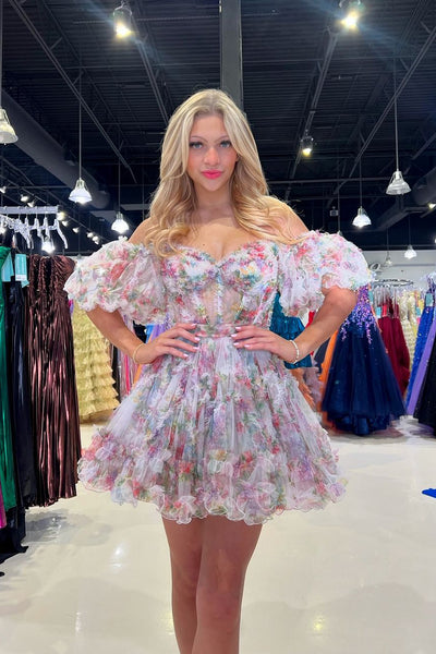 A-Line Off the Shoulder Floral Print Short Homecoming Dresses DM24081508