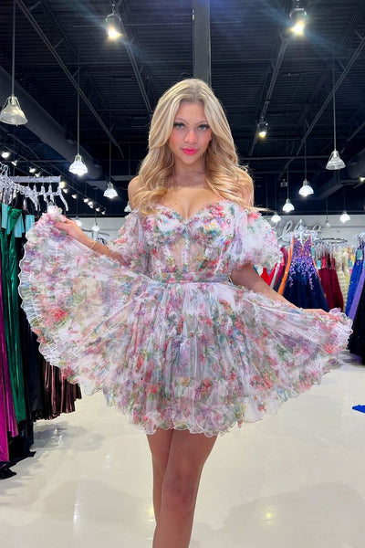 A-Line Off the Shoulder Floral Print Short Homecoming Dresses DM24081508