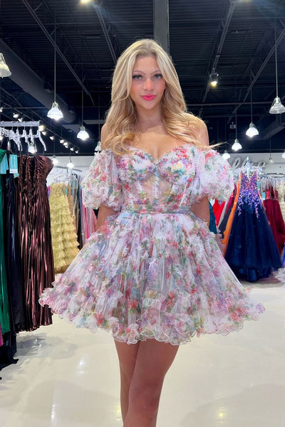 A-Line Off the Shoulder Floral Print Short Homecoming Dresses DM24081508