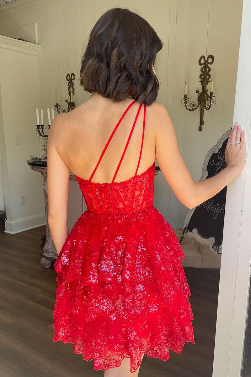 open lace back dress Glitter One Sleeve Red Sequined Homecoming Dress #TKL512 – SELINADRESS