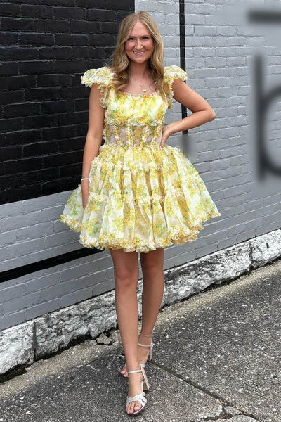 A-Line Square Neck Yellow Floral Print Tulle Short Homecoming Dresses DM24081504