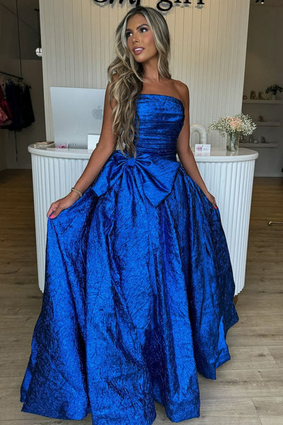 A-Line Strapless Royal Blue Sequins Long Prom Dress with Bow DM24083005