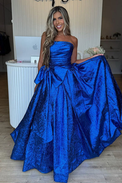 A-Line Strapless Royal Blue Sequins Long Prom Dress with Bow DM24083005