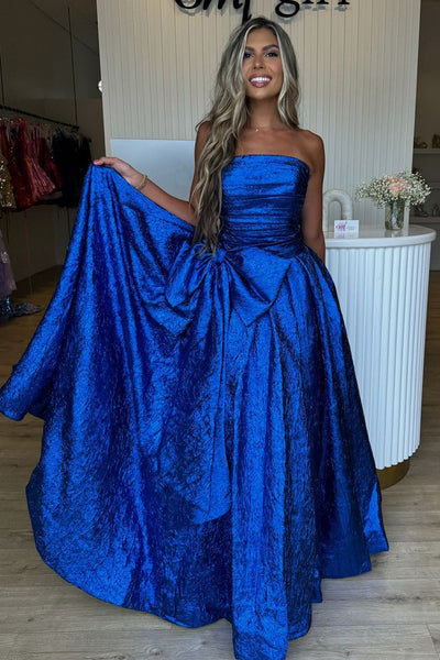 A-Line Strapless Royal Blue Sequins Long Prom Dress with Bow DM24083005