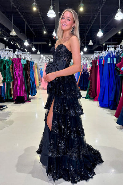A-Line Sweetheart Black Ruffle Tiered Long Homecoming Dresses with Bow DM24082901