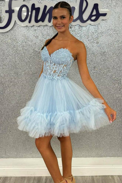 A-Line Sweetheart Light Blue Tulle Short Homecoming Dresses with Appliques DM24082103