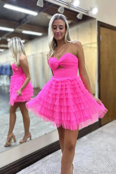 A-Line Sweetheart Pink Ruffle Tiered Tulle Short Homecoming Dress DM24090404