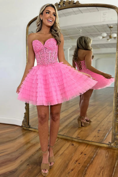 A-Line Sweetheart Pink Ruffle Tiered Tulle Short Homecoming Dress with Appliques DM24090402