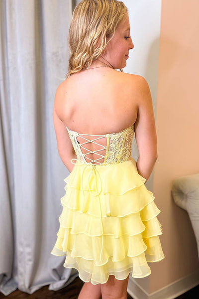 A-Line Sweetheart Yellow Ruffle Tiered Chiffon Short Homecoming Dress DM24090504