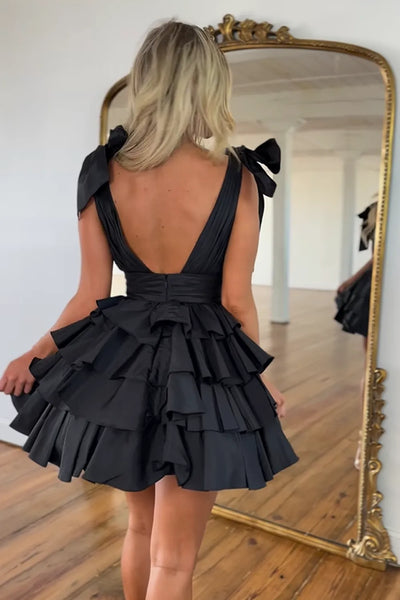 A-Line V Neck Red Ruffle Tiered Short Homecoming Dress DM24090401
