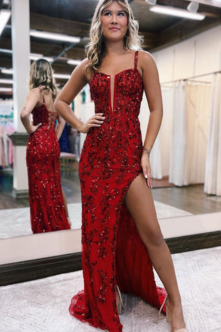 Elegant Mermaid Sweetheart Red Sequins Lace Prom Dresses with Side Slit LD3030410