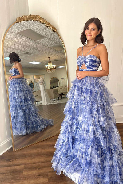 A Line Cutout Straps Floral Print Tulle Tiered Long Prom Dress DM24122416-2