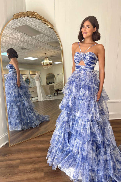 A Line Cutout Straps Floral Print Tulle Tiered Long Prom Dress DM24122416