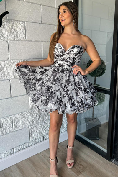 Black Floral Printed Strapless A-Line Short Homecoming Dresses DM24091403