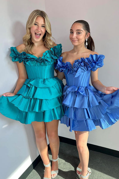 Blue Off the Shoulder Tiered Satin A-Line Short Homecoming Dresses DM24082010