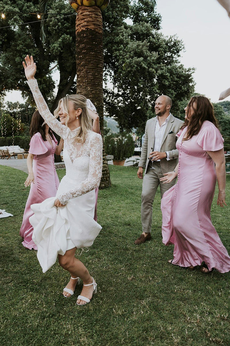 Blush Pink V Neck Silk Satin Long Sheath Bridesmaid Dresses DM24081210 –  Dressmeet