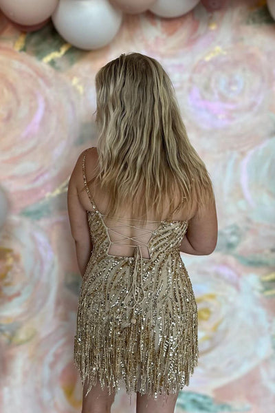 Bodycon Gold Sequins Spaghetti Straps Tight Short Homecoming Dresses DM24082701
