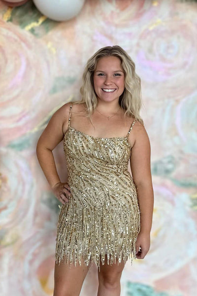 Bodycon Gold Sequins Spaghetti Straps Tight Short Homecoming Dresses DM24082701