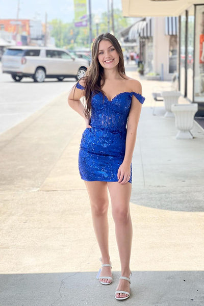 Bodycon Off the Shoulder Royal Blue Sequin Lace Tight Short Homecoming Dresses DM24090303