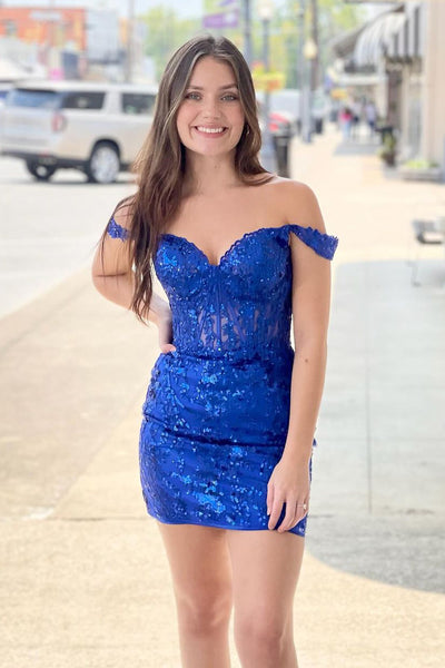 Bodycon Off the Shoulder Royal Blue Sequin Lace Tight Short Homecoming Dresses DM24090303
