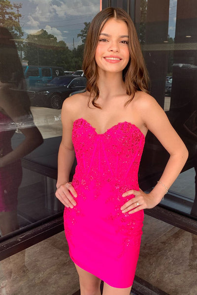 Bodycon Strapless Fuchsia Lace Appliques Short Corset Homecoming Dresses DM24082801