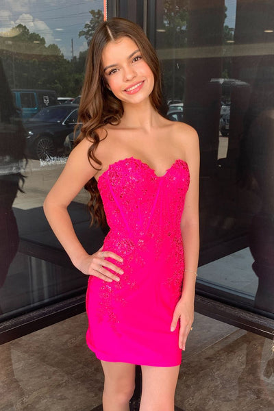 Bodycon Strapless Fuchsia Lace Appliques Short Corset Homecoming Dresses DM24082801