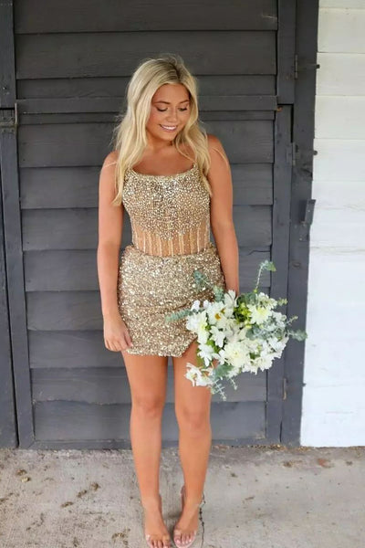 Bodycon Strapless Gold Sequins Short Homecoming Dresses with Beadings DM24091005