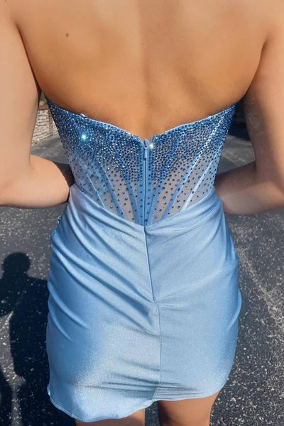 Bodycon Strapless Light Blue Satin Tight Short Homecoimg Dresses with Beads DM24083107