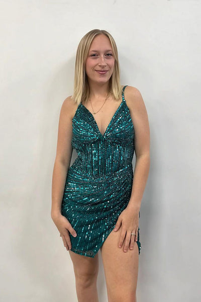 Bodycon V Neck Dark Green Sequins Tight Homecoming Dresses DM24090204