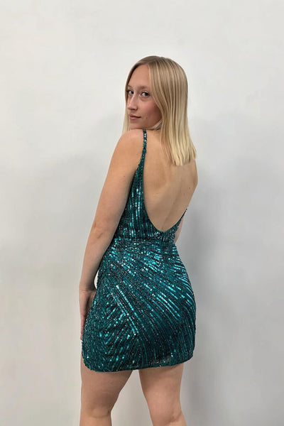 Bodycon V Neck Dark Green Sequins Tight Homecoming Dresses DM24090204