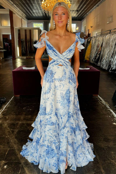 Charming A Line V Neck Floral Printed Chiffon Slit Prom Dress DM24122414-2