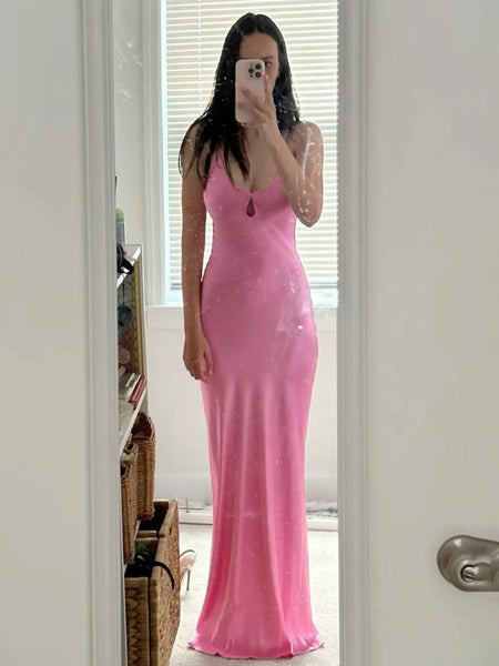 Chic Sheath V Neck Pink Long Prom Dress DM24122413-3