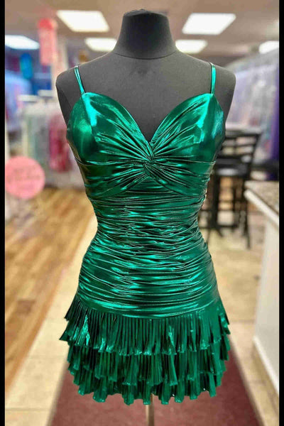 Chic V Neck Dark Green Satin Tiered Short Homecoming Dresses DM24082301