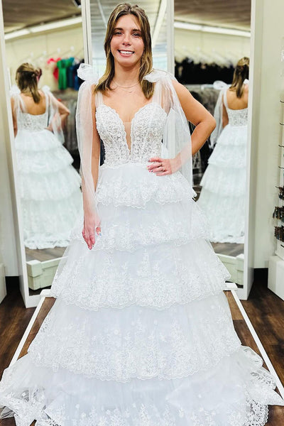 Cute A-Line V Neck White Ruffle Tiered Sequins Long Prom Dress Homecoming Dresses DM24090201