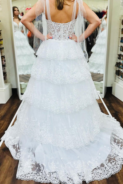 Cute A-Line V Neck White Ruffle Tiered Sequins Long Prom Dress Homecoming Dresses DM24090201