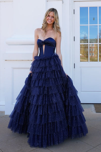 Cute Ball Gown Sweetheart Keyhole Navy Tulle Tiered Prom Dresses DM24122407-3