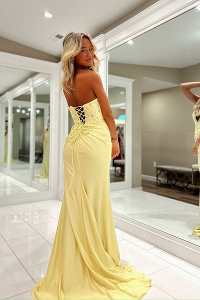 Cute Mermaid Keyhole Yellow Satin Beading Prom Dress with Slit DM24122411-4
