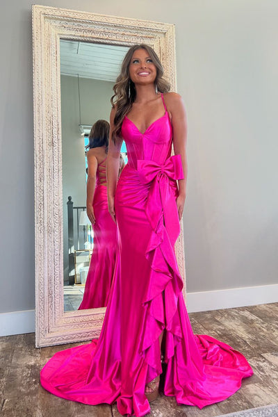 Cute Mermaid V Neck Pink Satin Slit Prom Dress with Bow DM25011801