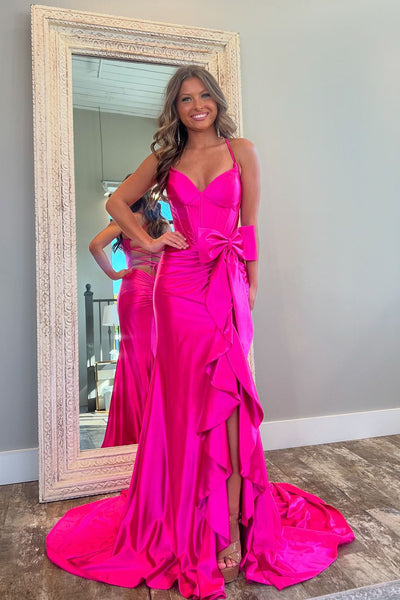 Cute Mermaid V Neck Pink Satin Slit Prom Dress with Bow DM25011801