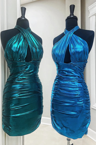 Dark Green Halter Backless Bodycon Short Homecoming Dresses DM24082001