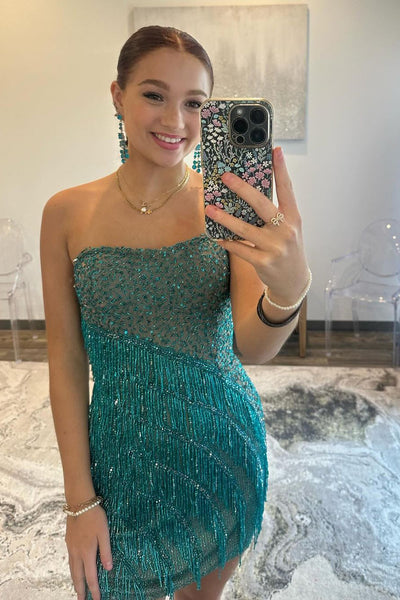 Dark Green Sequins Strapless Short Tight Homecoming Dresses with Beading DM24082009