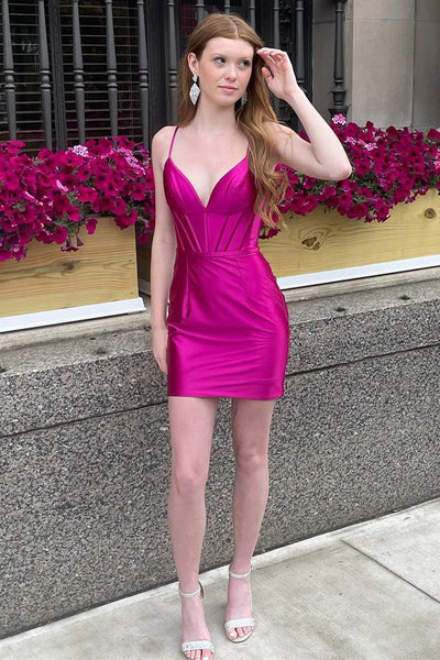 Dark Green V Neck Satin Short Tight Homecoming Dresses DM24082214
