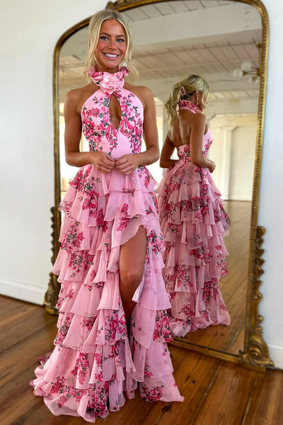 Elegant Halter Floral Printed Chiffon Tiered Prom Dress with Slit DM25010408-1