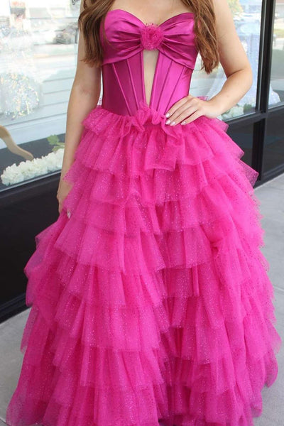 Fuchsia Ball Gown Sweetheart Keyhole Tiered Tulle Long Prom Dresses DM24081204
