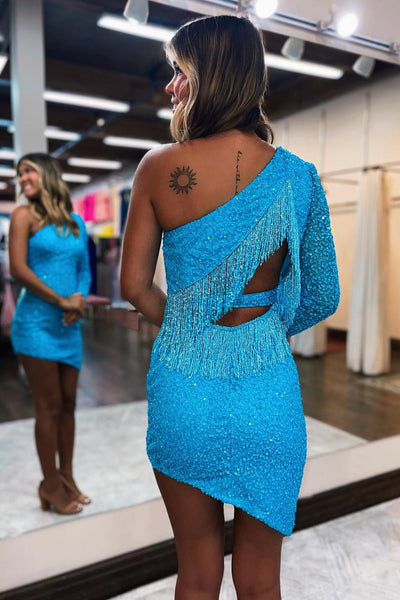 Fuchsia Bodycon One Shoulder Sequins Tight Short Homecoming Dresses with Fringes DM24091202