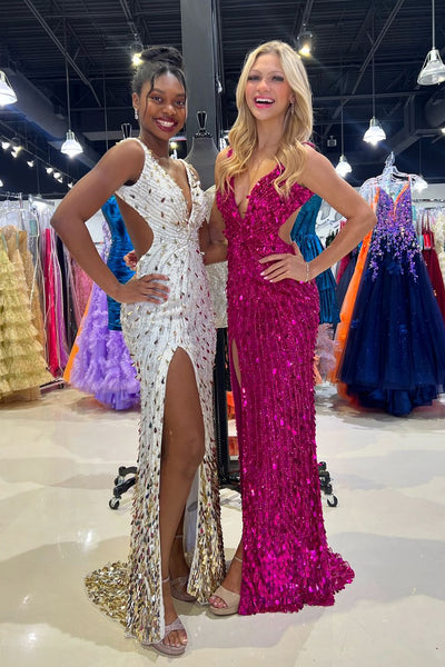 Fuchsia Deep V Neck Sequins Long Mermaid Homecoming Dresses with Slit DM24082806
